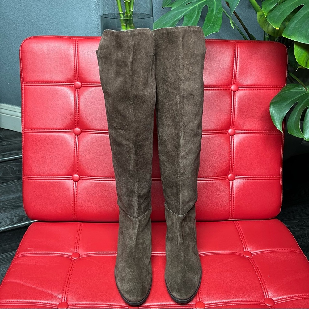 LUCKY BRAND Calypso Brown Suede OTK Boots Sz8.5 NWOB Stretch Panel StepShaft Top - Picture 2 of 14